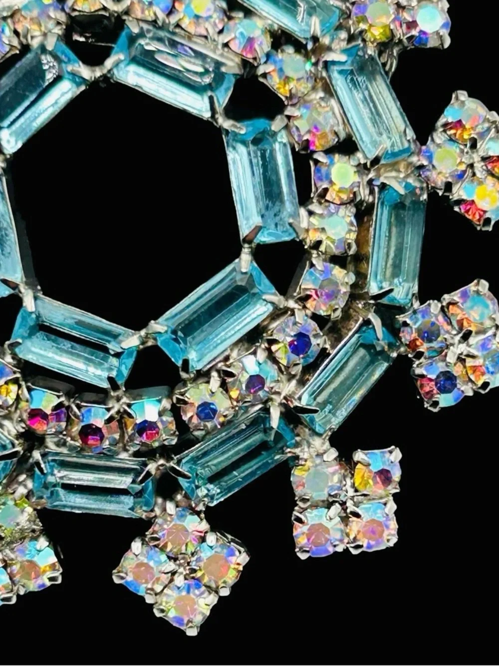 Vintage AB Rhinestone Blue Baguette Circle Brooch